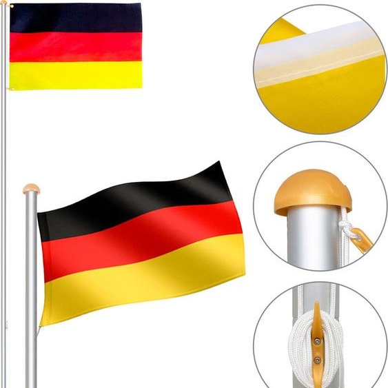 Fiqops Mât de drapeau en aluminium 6,50m avec câble et drapeau allemand Mât de drapeau en aluminium