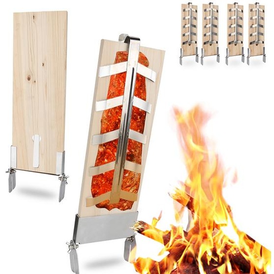 Fiqops Planche à saumon flambée Set de 4 planches de fumage rustiques Plaques en bois Support en acier inoxydable