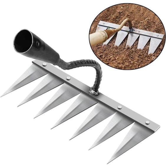 Fitags - Rateau Jardin, Rateau de Désherbage Outils Jardinage, Rateau Gazon Scarificateur Manuel 7 Dents en Acier, pour Désherbage/Ameublissement du