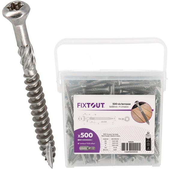 Fixtout - 1000 vis terrasse inox A2 - Torx 25 à tête réduite crantée - Diamètre 5mm - Longueur 50 mm