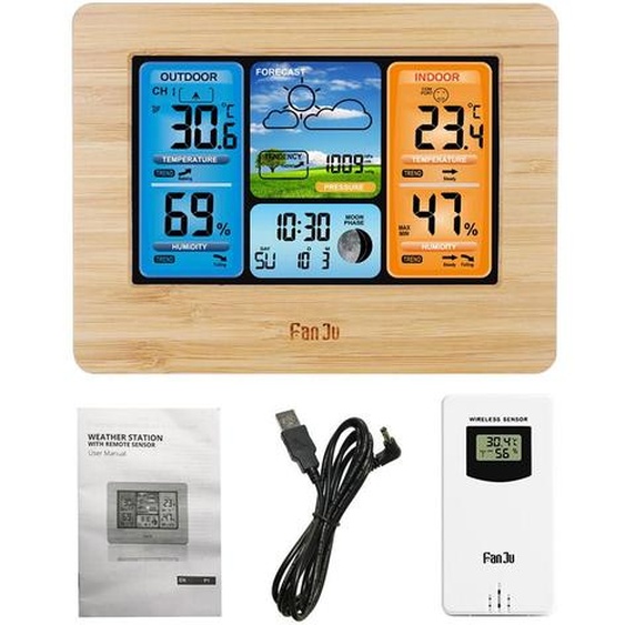 FJ3373 Station météo numérique avec écran LCD - réveil, baromètre, thermomètre, hygromètre, capteur extérieur & câble dalimentation USB