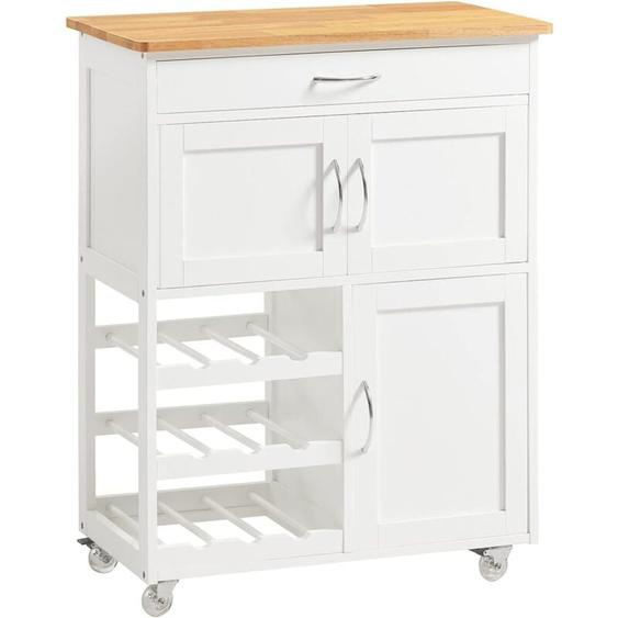 Desserte de Cuisine à Roulettes, Chariot de Service avec Plateau en Bois dHévéa, 1 Tiroir, 3 Porte-Bouteilles, Meuble de Rangement Mobile 67 x 37 x