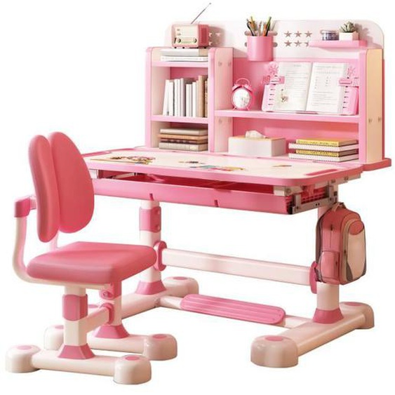 FLASIDU Bureau détude pour enfants avec chaise - Ensemble Bureau et Chaise pour Enfant, Hauteur Réglable-Rose-3-18