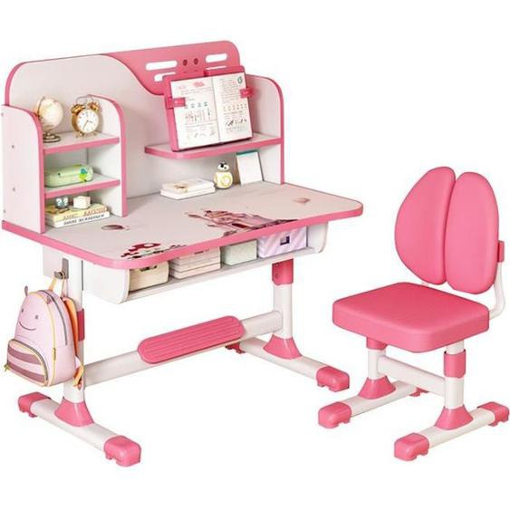 FLASIDU® Bureau détude pour enfants avec chaises, bureau et bibliothèque pour enfants,Réglable en hauteur,Rose