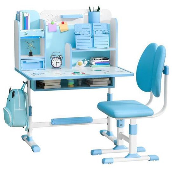 FLASIDU Table bureau pour enfants avec chaise, Réglable en hauteur, 3-18 ans, Bleu, tiroir coulissant, 115*80*50cm
