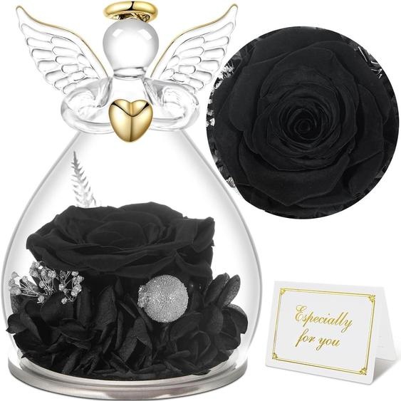 Fleur éternelle, figurine dange en verre, cadeau pour femmes, maman, fête des mères, Noël, Saint-Valentin, couleur noire