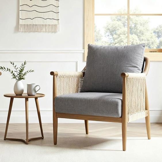FlexiSpot Fauteuil Boho en Rotin Tressé à la Main avec Coussin Doudou Design Respirant pour Intérieur et Extérieur Gris