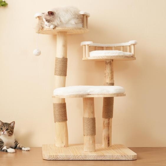 Flieks Arbre à chat avec balle en peluche, Arbre à chat grimpant avec tapis à gratter amovibles, Arbre à chat avec tremplin à 3 niveaux, 60x48x98cm