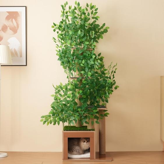 Flieks Arbre à chat en forme darbre Arbre à grimper avec 4 plates-formes et lit pour chat, arbre à chat avec feuilles en plastique amovibles, 60x45x190cm