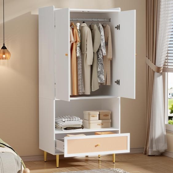 Flieks Armoire Armoire dangle avec tiroir en rotin, penderie avec tringle et tiroir, penderie dentrée 80x48x175 cm, blanc