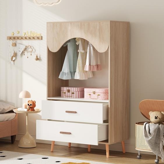 Flieks Armoire dangle Armoire avec 2 tiroirs, garde-robe avec tringle et compartiment de rangement ouvert, armoire pour enfants 80x46x141.5cm, naturel