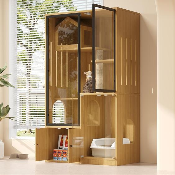Flieks armoire haute avec maison pour chats et poteau griffoir, villa pour chats avec tiroirs, set de meubles pour animaux de compagnie cage pour chats avec portes vitrées, jaune
