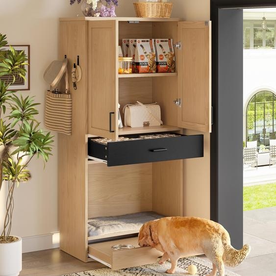 Flieks armoire haute pour animaux avec lit pour chien et 2 écuelles en inox, armoire de cuisine dappoint avec crochet et tiroir, 160cm, naturel
