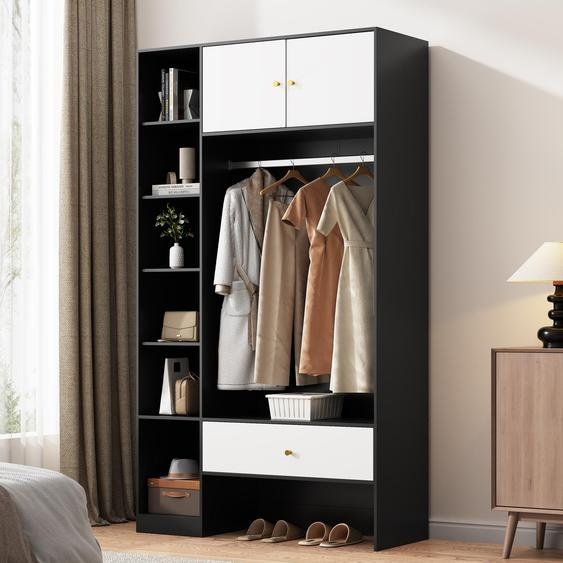 Flieks Armoire Penderie avec tringle, tiroir et compartiments ouverts, vestiaire dentrée Commode 105x40x185 cm, blanc
