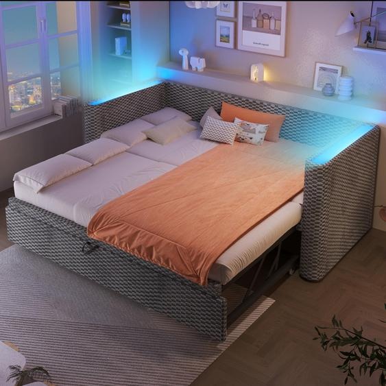 Flieks Canapé-lit 90x200cm/180x200cm, Lit rembourré avec lit extensible, Lit dadolescent simple avec Led, Lit de jour Daybed Velours, Gris