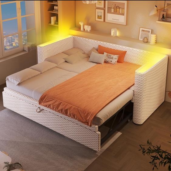 Flieks Canapé-lit 90x200cm/180x200cm, Lit rembourré avec lit extensible, Lit dadolescent simple avec Led, Lit de jour Daybed Velours, Beige