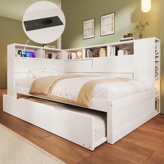 Flieks Canapé-lit avec lit gigogne, lit simple avec USB et étagère, lit dinvité en bois avec sommier à lattes, lit denfant 90x200cm/90x190cm, Blanc