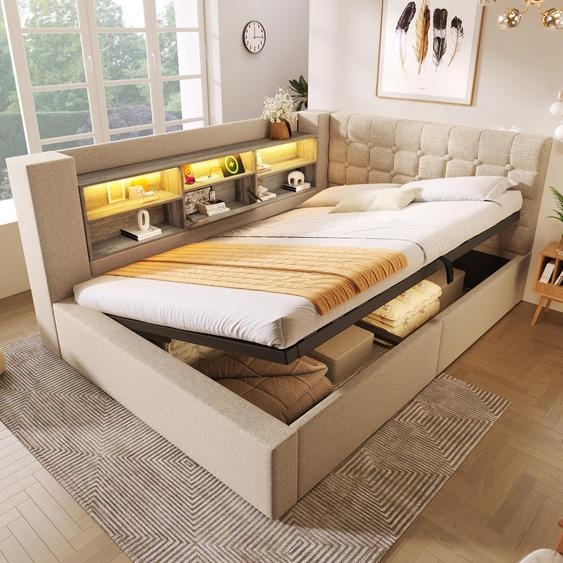 Flieks Canapé-lit hydraulique 140x200cm avec espace de rangement, lit rembourré avec USB, lit pour jeunes avec Led et compartiments de rangement ouverts, lit double lin, Beige