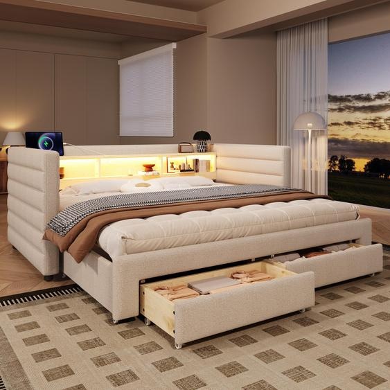 Flieks Canapé-lit Lit rembourré 90x190cm avec Led et fonction de chargement, lit de jour Daybed avec 2 tiroirs et des compartiments de rangement ouverts, velours, beige