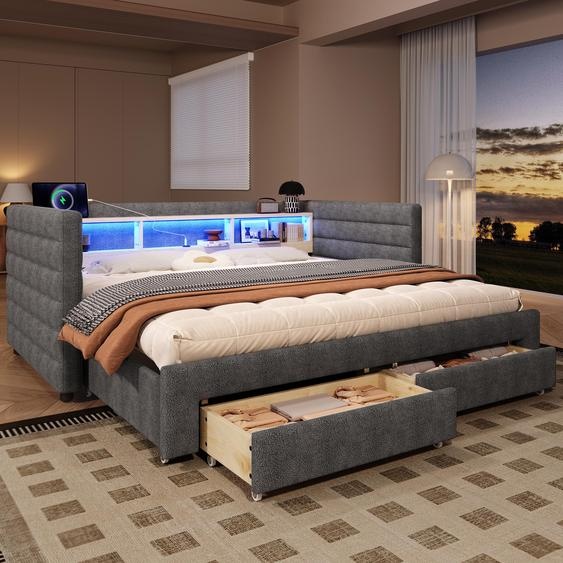 Flieks Canapé-lit Lit rembourré 90x190cm avec Led et fonction de chargement, lit de jour Daybed avec 2 tiroirs et des compartiments de rangement ouverts, velours, gris