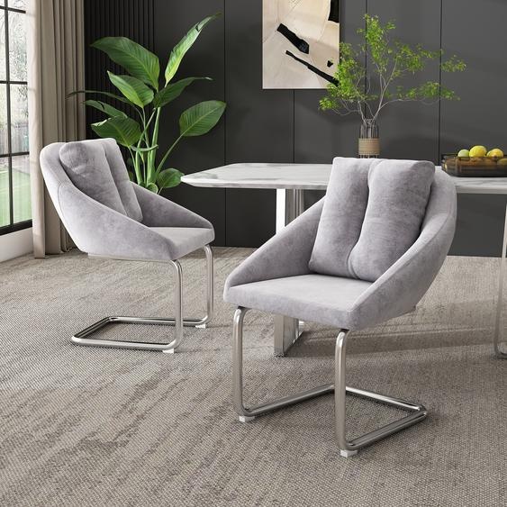 Flieks Chaise de salle à manger, Lot de 2, Chaise de cuisine à piétement luge avec coussin, Chaise à bascule, Chaise de salon rembourrée avec revêtement en velours, Gris