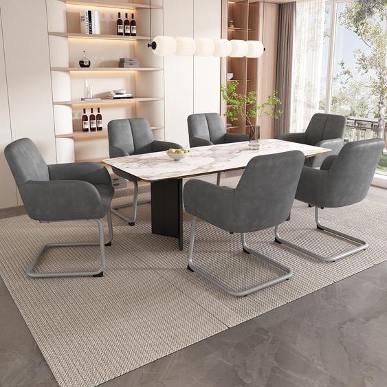 Flieks Chaise de salle à manger, lot de 6, chaise à bascule avec accoudoirs, pieds métalliques, chaise rembourrée, chaise de cuisine, PU, gris