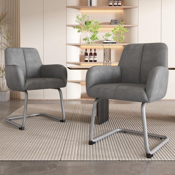 Flieks Chaise de salle à manger, set de 2, chaise à bascule avec accoudoirs, pieds métalliques, chaise rembourrée, chaise de cuisine, PU, gris