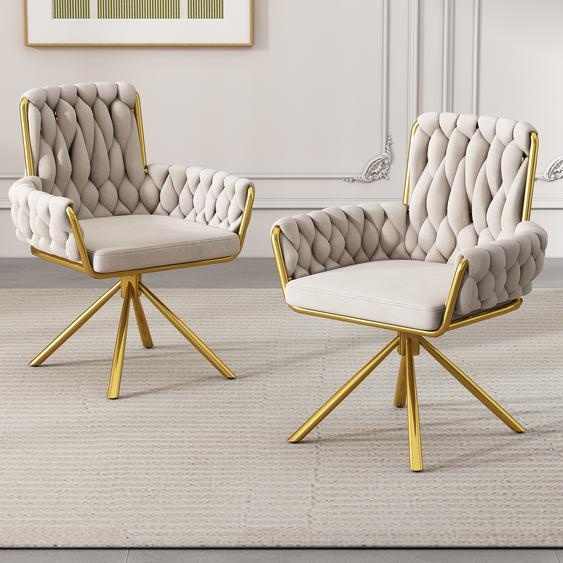 Flieks Chaise de salle à manger set de 2 pivotantes à 360°, chaise rembourrée avec revêtement en velours, chaise de cuisine de salon avec pieds en acier, chaise pivotante avec accoudoirs, beige