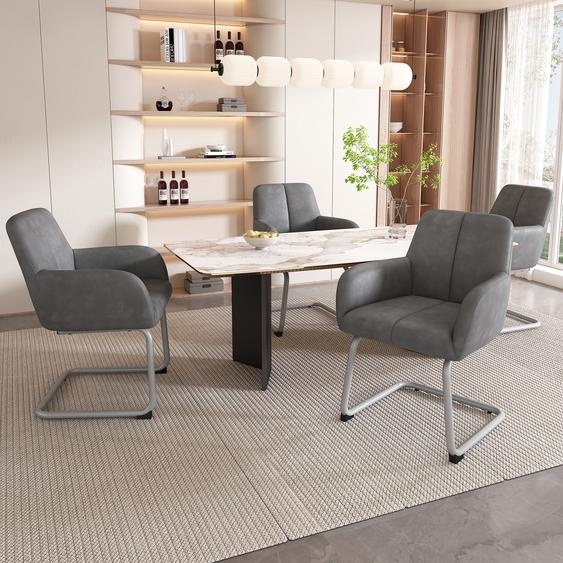 Flieks Chaise de salle à manger, set de 4, chaise à bascule, chaise à accoudoirs avec pieds en métal, chaise rembourrée, chaise de cuisine, chaise de travail, PU, gris