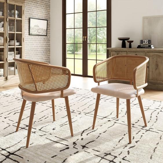 Flieks Chaises de salle à manger, lot de 2, Chaise Chaise de salle à manger avec dossier en rotin, Chaise de cuisine rembourrée, coussin dassise en velours, beige