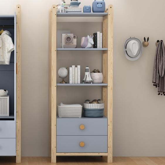 Flieks Étagère sur pied Étagère dangle Bibliothèque avec 2 tiroirs, Étagère de salle de bain Étagère de stockage 4 niveaux, Étagère étroite en bois, 70x44x180.5cm, Bleu naturel