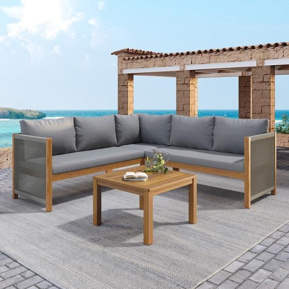Ensemble salon de jardin Fliek 4 pièces, ensemble de meubles de jardin pour 5 personnes avec design en corde, ensemble de sièges de jardin, ensemble de meubles de balcon, ensemble de meubles de terrasse avec table, gris