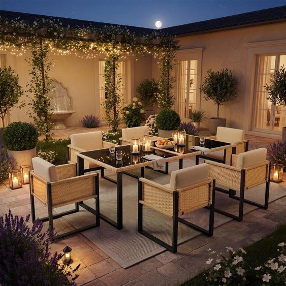 Flieks Gartenlounge-Set Ensemble de meubles de jardin 6 personnes, Rattan Terassenmöbel Balkonmöbel 7-tlg., Gartentisch mit Glasplatte, Gartengarnitur Naturbelassen