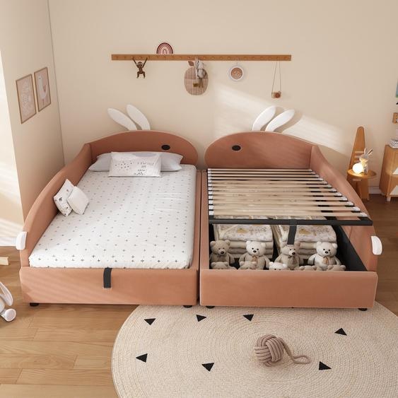 Flieks Lit denfant Lit 180x200cm avec espace de rangement, Lit hydraulique avec tête de lit en forme de lapin, Lit double velours, Rose