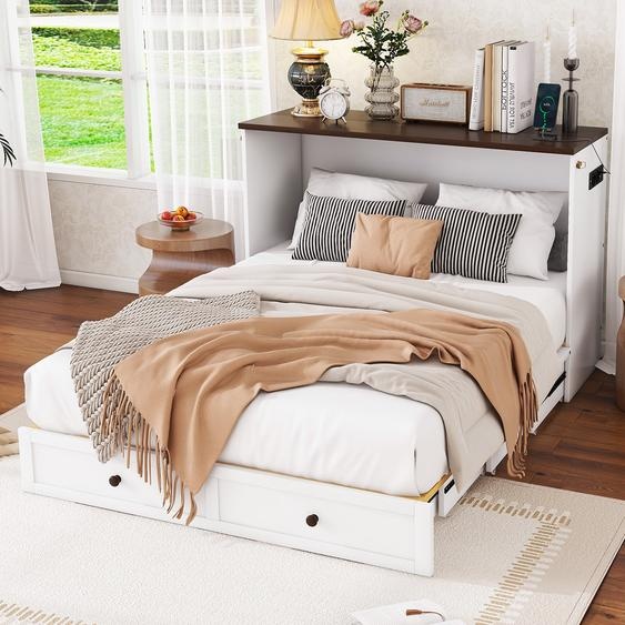 Flieks Lit escamotable 140x200cm avec sommier à lattes, lit double avec tiroir et fonction de chargement, lit dinvité lit mural pliant lit fonctionnel lit de jeunes, blanc