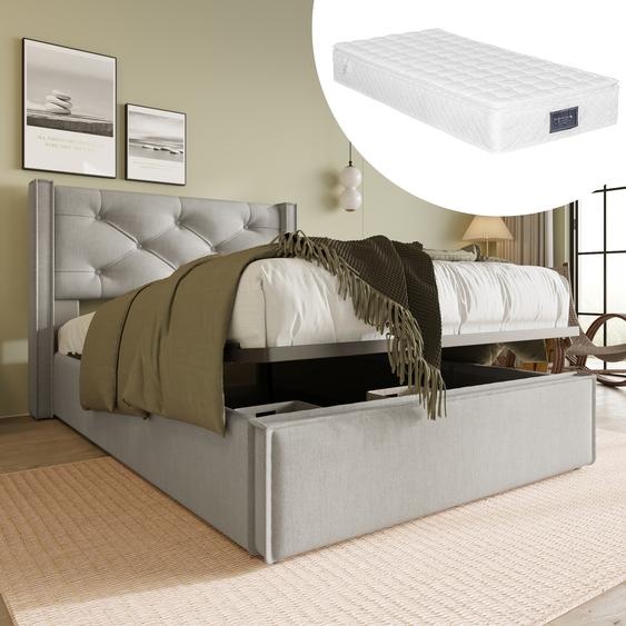 Flieks Lit fonctionnel avec espace de rangement, lit hydraulique rembourré lit simple 90x200cm avec matelas, sommier et cadre de lit, gris clair