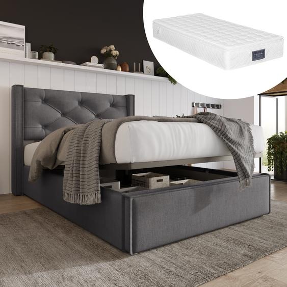Flieks Lit fonctionnel avec espace de rangement, lit rembourré hydraulique lit simple 90x200cm avec matelas, sommier et cadre de lit, gris foncé