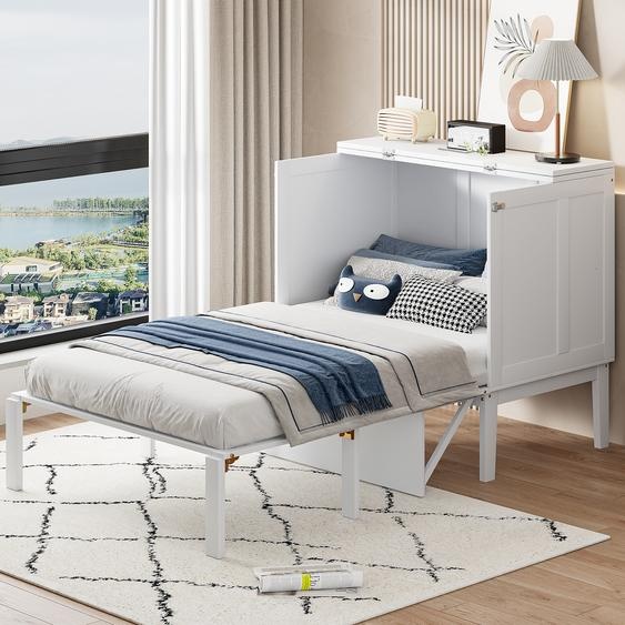 Flieks Lit fonctionnel lit armoire 90x200cm avec sommier à lattes, pliable lit simple lit de jeune lit mural pliable avec sommier à lattes, lit en bois blanc