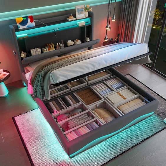 Flieks Lit hydraulique capitonné 140x200cm avec fonction de chargement, lit double pour adolescents avec espace de rangement, lit de rangement avec LED, velours, gris