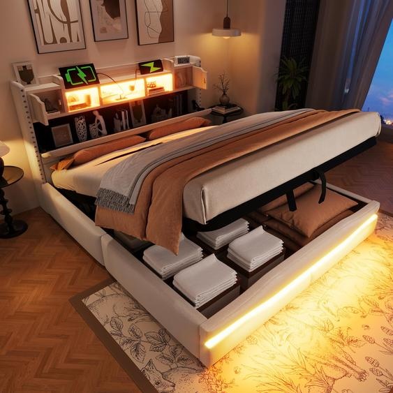 Flieks Lit hydraulique rembourré 160x200cm avec fonction de chargement, lit boxspring avec espace de rangement, lit double pour adolescents avec Led, lit de rangement lin, Beige