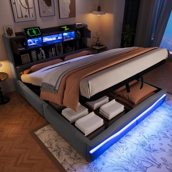 Flieks Lit hydraulique rembourré 160x200cm avec fonction de chargement, lit boxspring avec espace de rangement, lit double pour adolescents avec Led, lit de rangement lin, gris