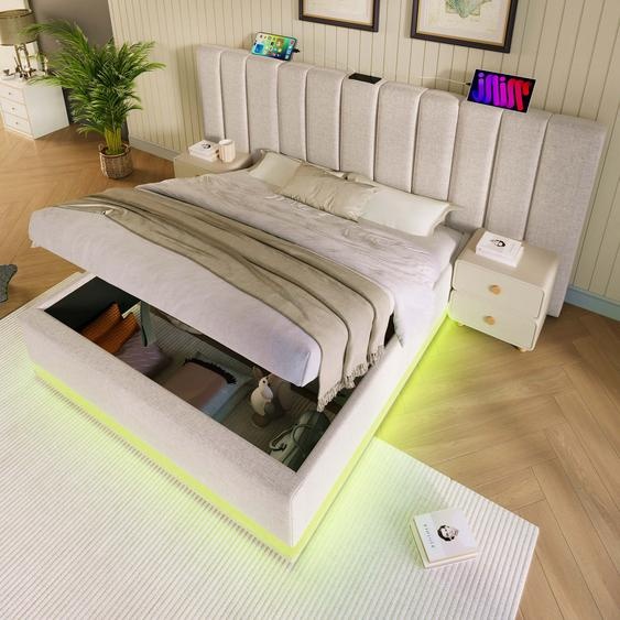 Flieks Lit hydraulique rembourré 160x200cm avec fonction de chargement, lit double Boxspring Lit de jeune avec LED, lit de rangement avec sommier à lattes, lin, beige