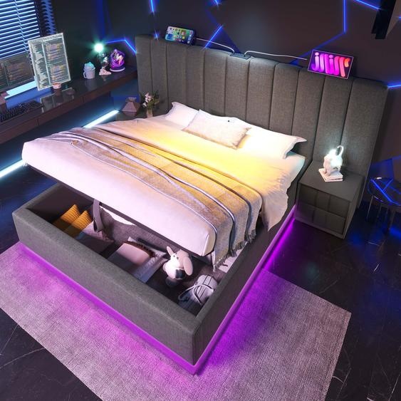 Flieks Lit hydraulique rembourré 160x200cm avec fonction de chargement, lit double Boxspring Lit de jeune avec LED, lit de rangement avec sommier à lattes, lin, gris
