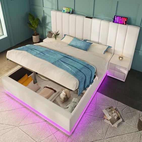 Flieks Lit hydraulique rembourré 160x200cm avec fonction de chargement, lit double Boxspring Lit de jeune avec LED, lit de rangement avec sommier à lattes, PU, blanc