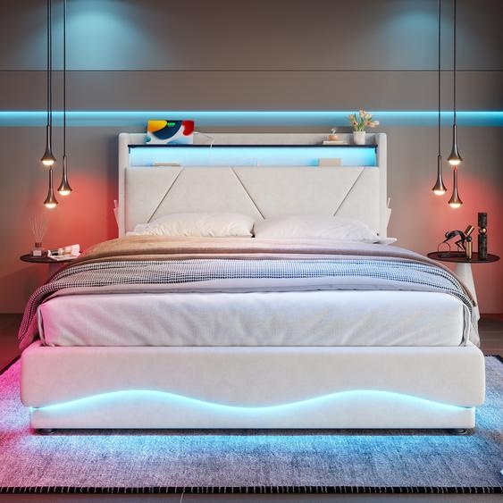 Flieks Lit hydraulique rembourré 160x200cm avec fonction de chargement, lit double pour adolescents avec espace de rangement, lit de rangement avec LED, velours, beige