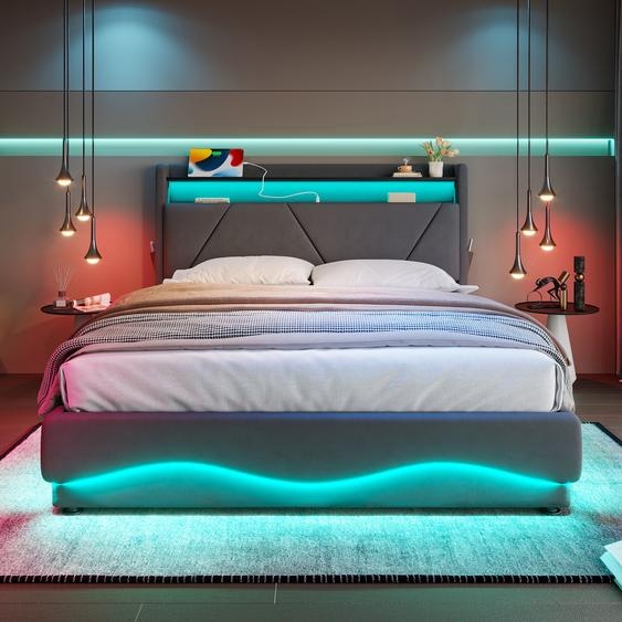 Flieks Lit hydraulique rembourré 160x200cm avec fonction de chargement, lit double pour adolescents avec espace de rangement, lit de rangement avec LED, velours, gris