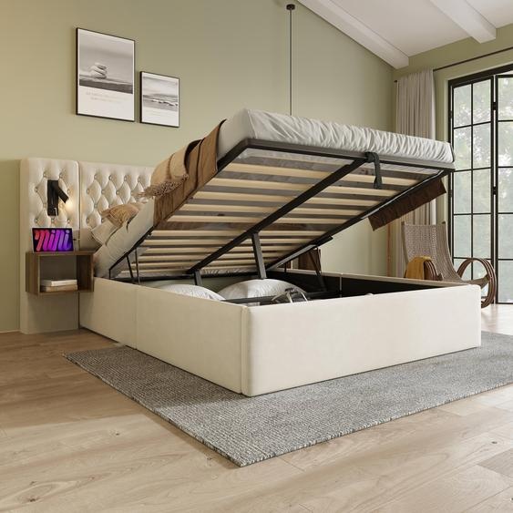 Flieks Lit hydraulique rembourré 160x200cm avec USB et table de nuit, lit double boxspring avec lampe de lecture, lit de rangement en bois velours, beige