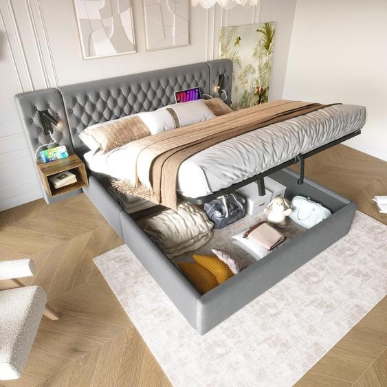 Flieks Lit hydraulique rembourré 160x200cm avec USB et table de nuit, lit double boxspring avec lampe de lecture, lit de rangement en bois velours, gris