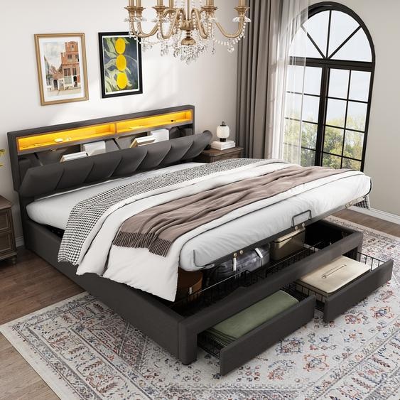 Flieks Lit hydraulique rembourré 180x200cm avec 2 tiroirs, lit de rangement double avec LED, lit en bois pour adolescents avec tête de rangement, lin, gris