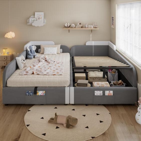 Flieks Lit hydraulique rembourré 180x200cm avec dossier, lit denfant simple avec espace de rangement, lit de rangement lit dadolescent, velours, gris